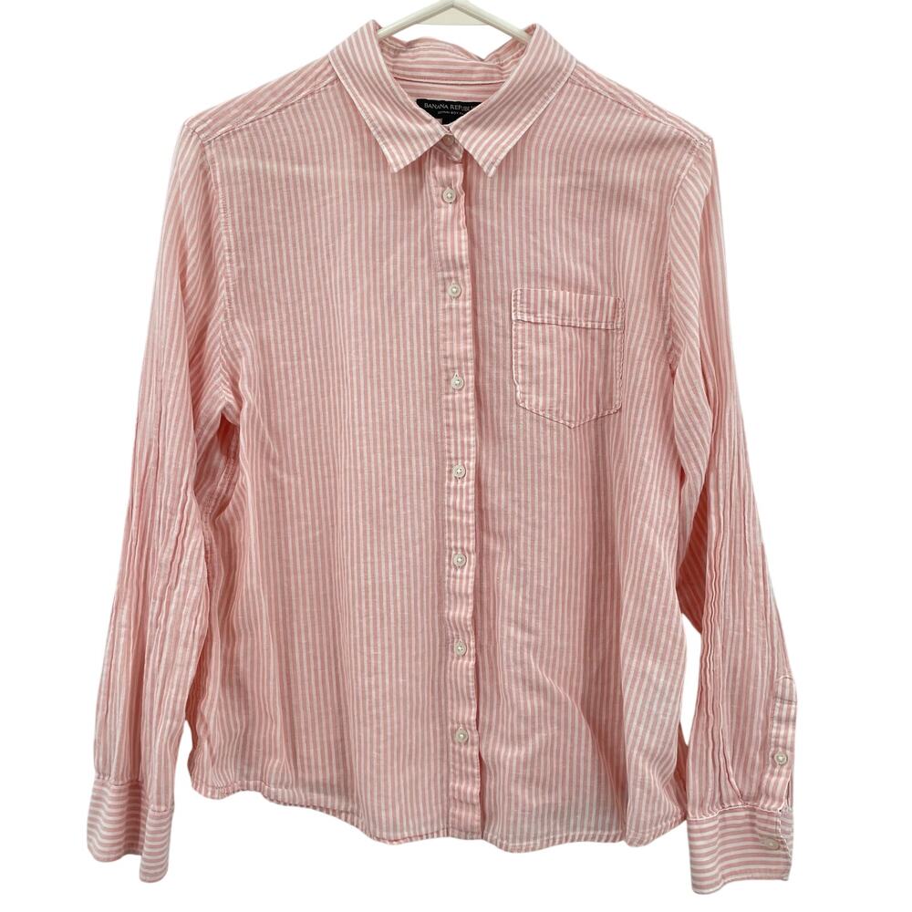 Banana Republic Women's Linen Blend‎ Button Up Top, Sz. L, Pink & White Stripes